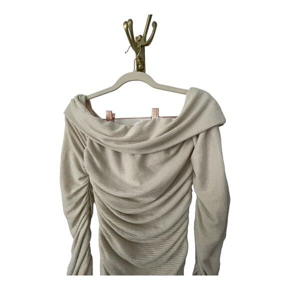 Bronx and Banco Amara Midi Dress Ruched Off the Shoulder Linen Neutral M/US 6 - Picture 14 of 16